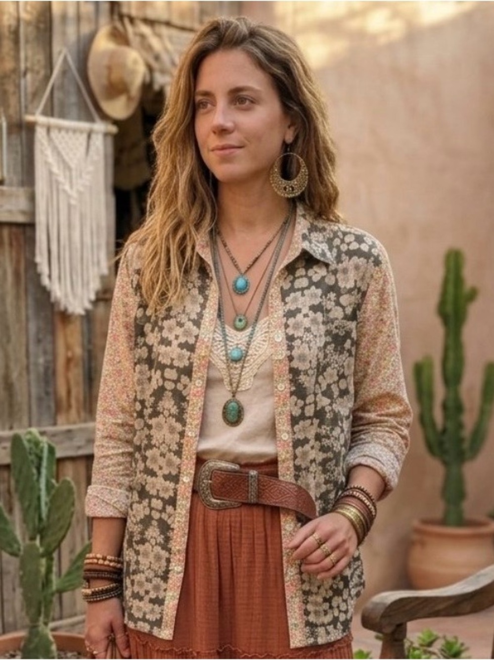 Natural Life Boho Relaxed Fit Floral Patchwork Ling Sleeve Buttondown Top Size M - Picture 9 of 9